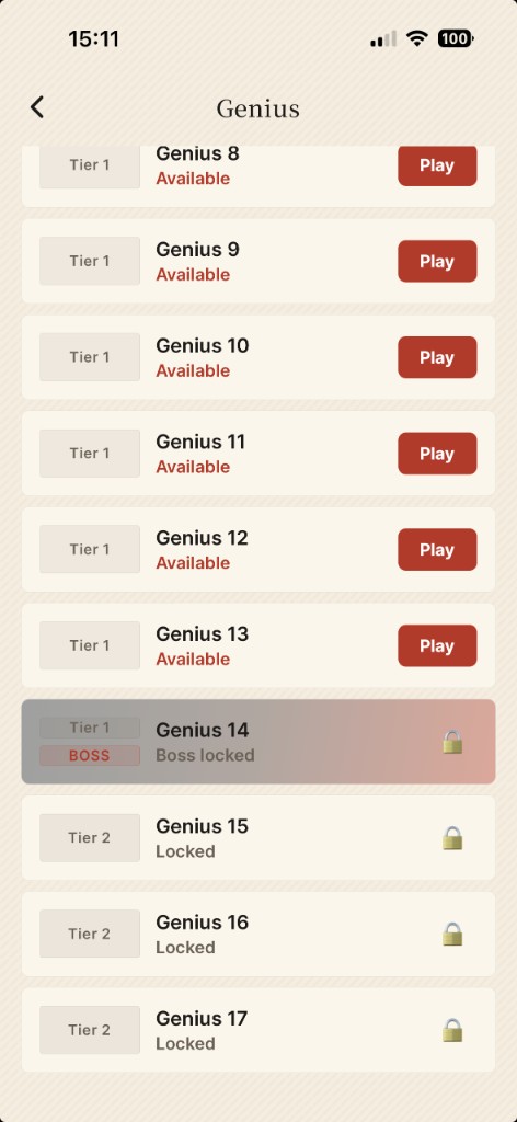 Genius mode level list: tier badges, available levels with Play buttons, boss locked row, and padlocked higher tiers