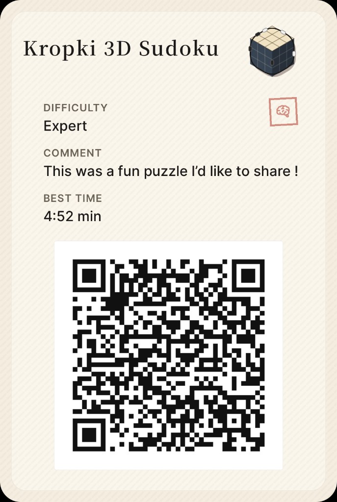 Share card: Kropki 3D Sudoku header, difficulty and comment, best time, and large QR code for importing the puzzle