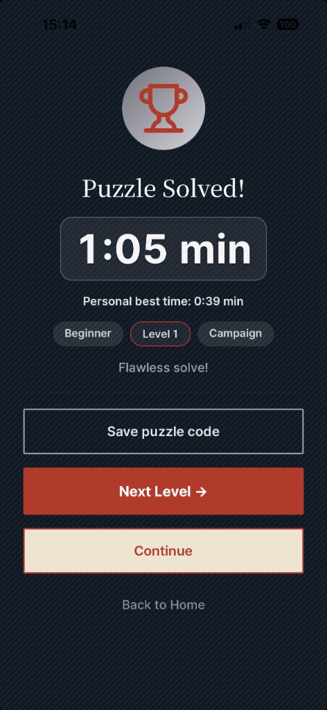 Victory screen: Puzzle Solved with time, personal best, difficulty tags, flawless message, and actions including Next Level and Continue